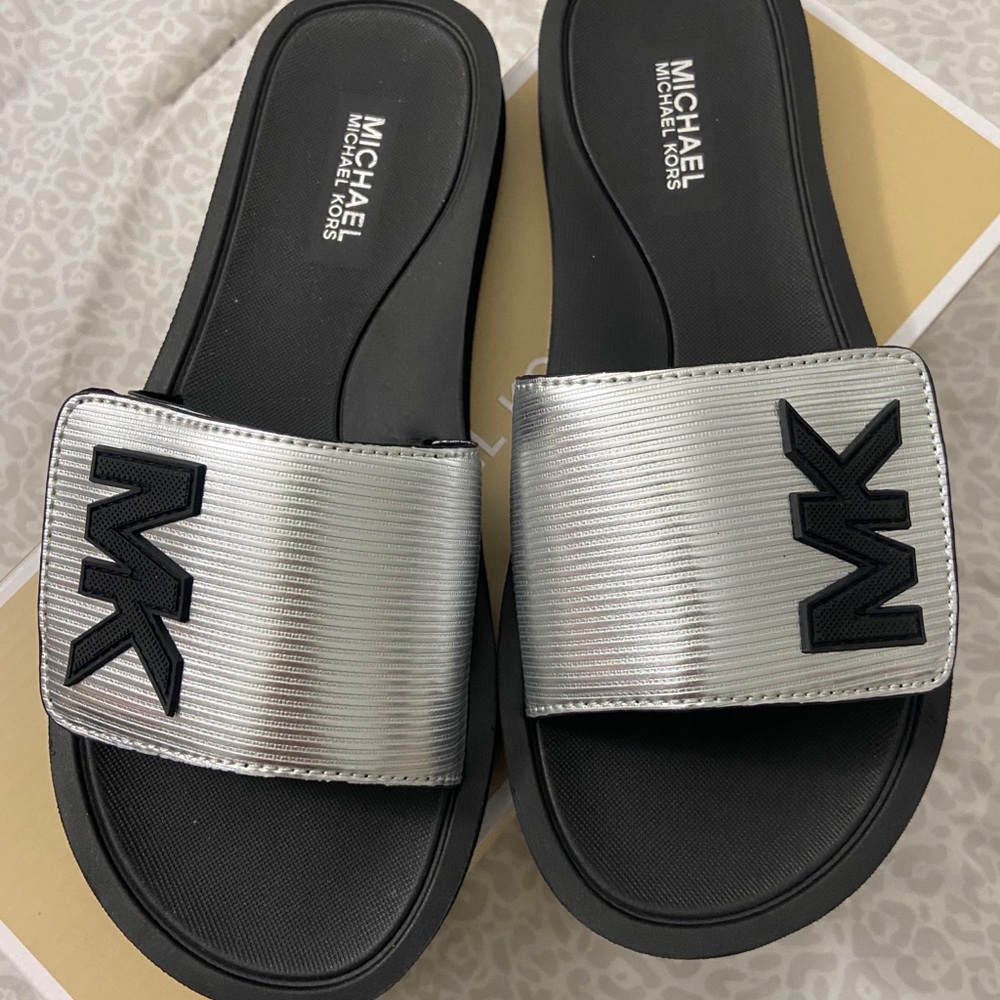 Michael Kors Embossed Metallic Leather Slides